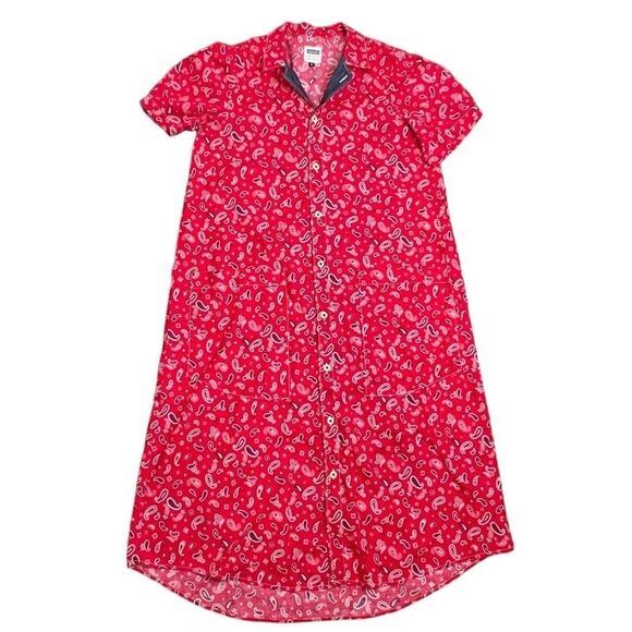 Uqnatu Red Midi Short Sleeve Paisley Red & Denim Dress Size Medium - Picture 3 of 7